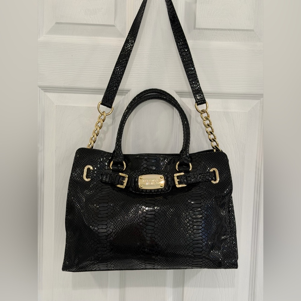 Michael Kors Black Snake-Embossed Shoulder /crossbody Bag with Gold Chains
